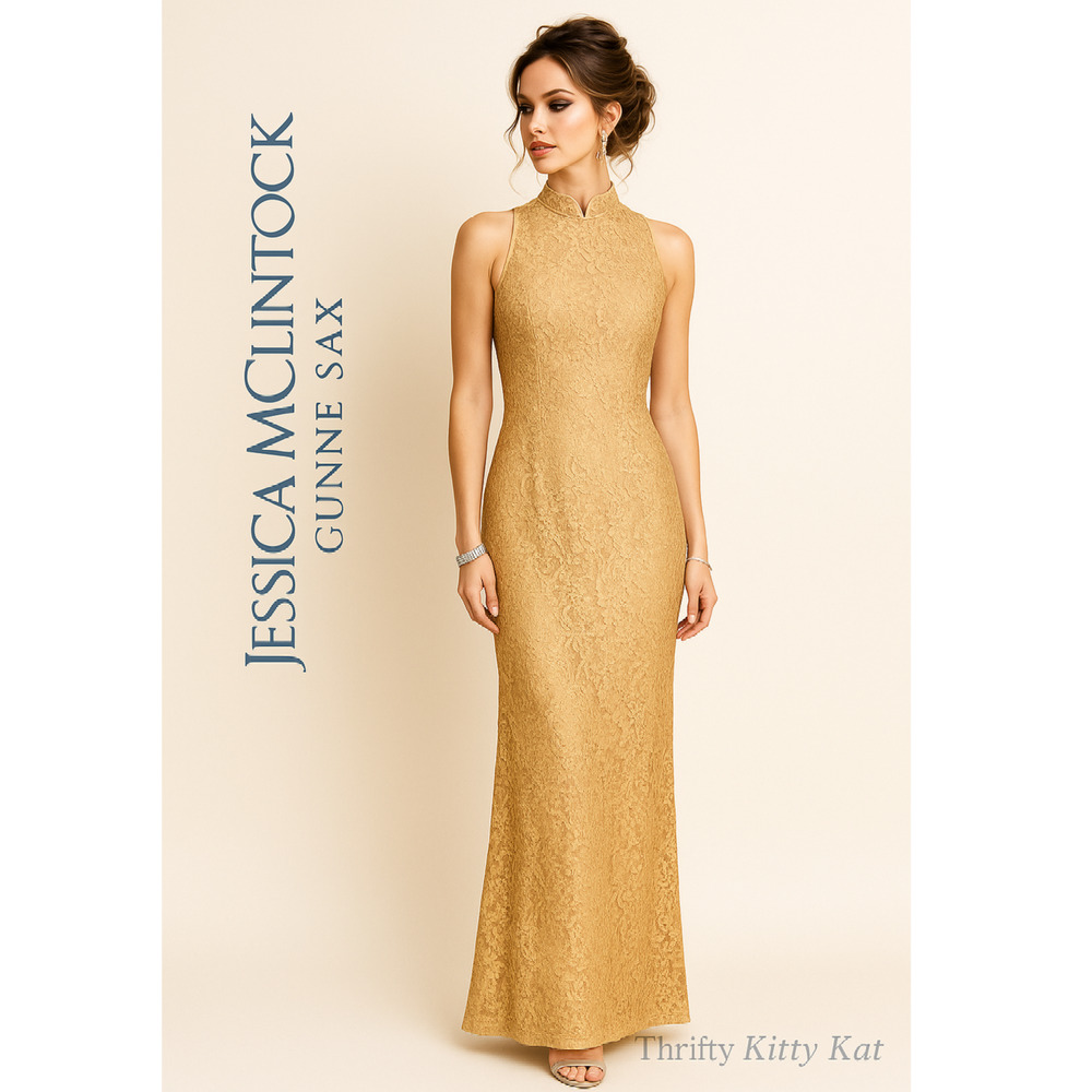 Jessica McClintock Gunne Sax Lace Evening Dress Gown Gold 11/12 EUC‎ Vintage Y2K